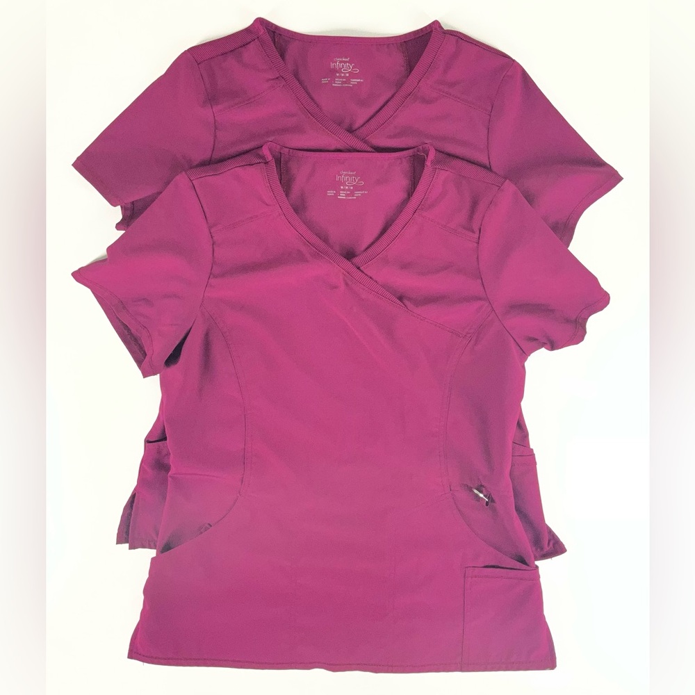 LOT of 2 Cherokee Infinity Burgundy Wine Mock Wrap Scrub Tops Women’s Medium